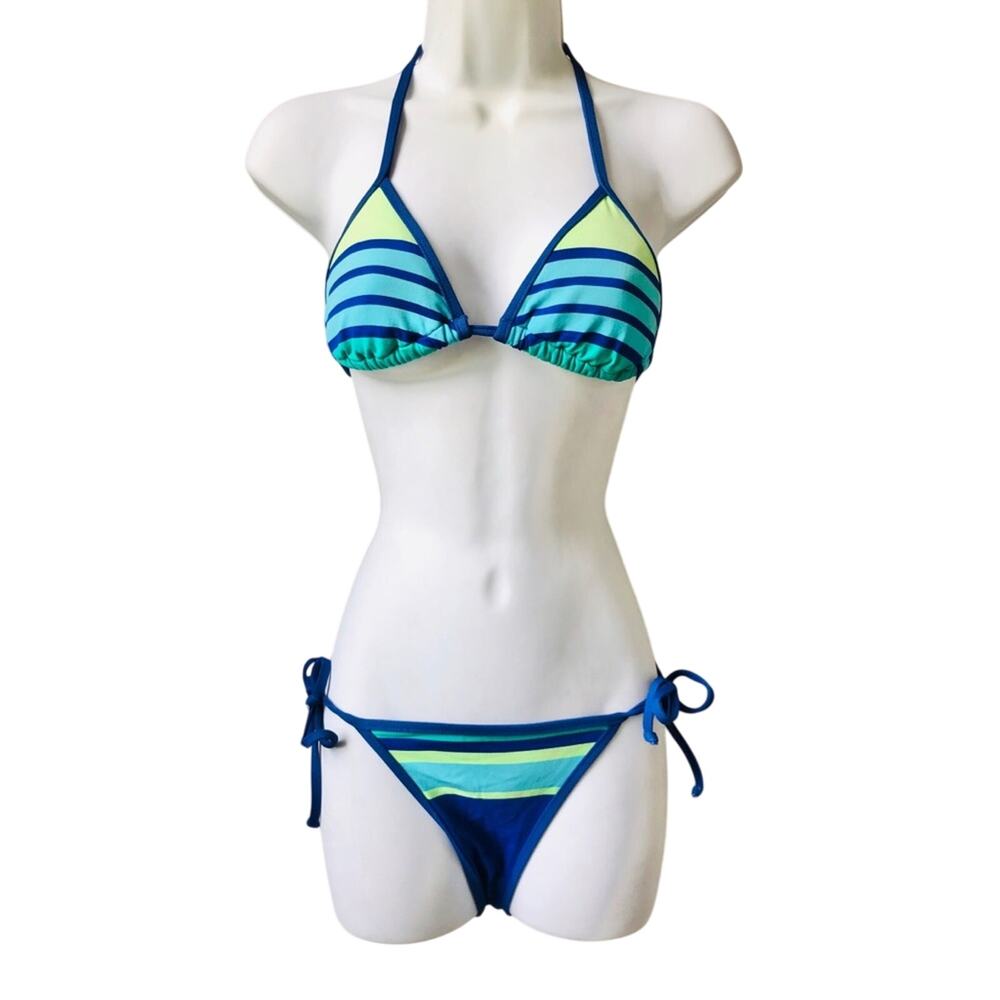 XS Hobie Bright Blue Green Stripe Halter Triangle Bikini Set Adjustable Straps